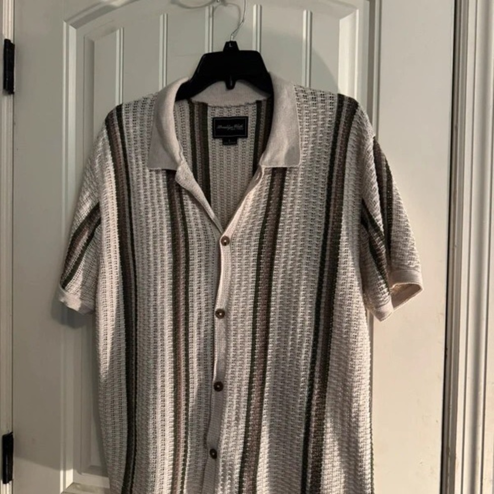 Lacoste White and Brown Striped Knit Shirt